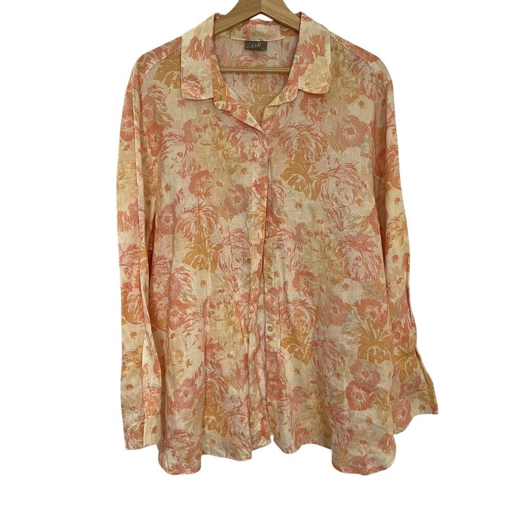 J.Jill linen sunshine button down top yellow pink women's floral XL cottagecore